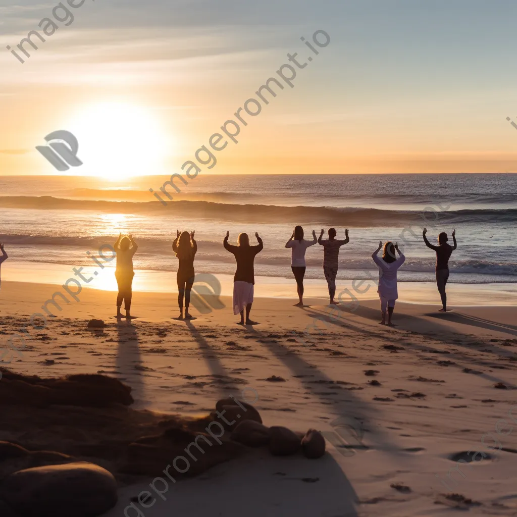 Group practicing yoga on the beach during sunset - Image 1