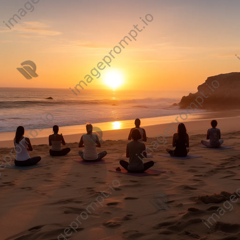 Group practicing yoga on the beach during sunset - Image 2