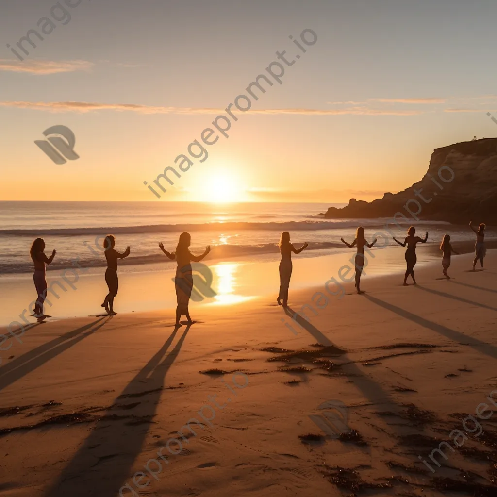 Group practicing yoga on the beach during sunset - Image 3