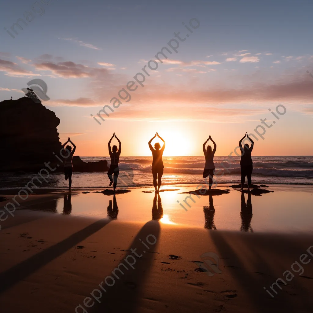 Group practicing yoga on the beach during sunset - Image 4