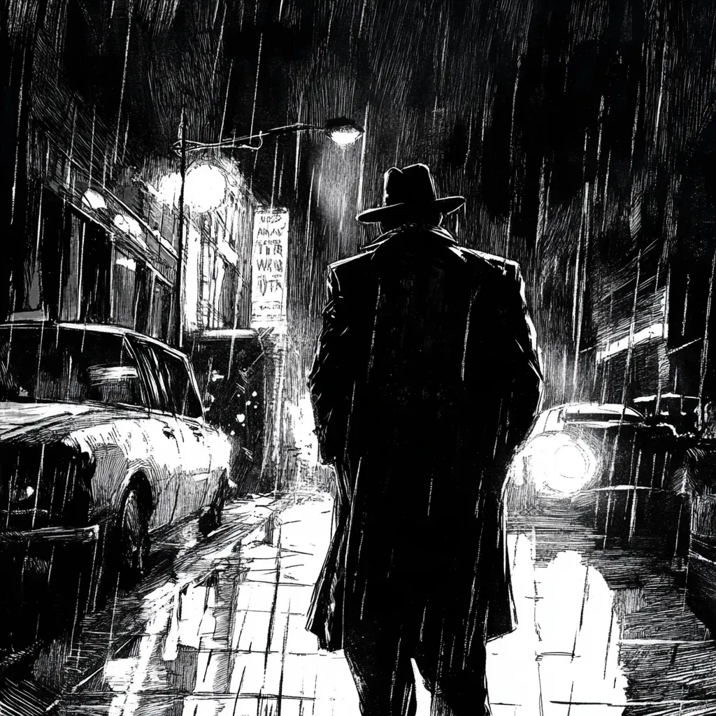 Noir comic art of a detective in a rainy cityscape - Image 1