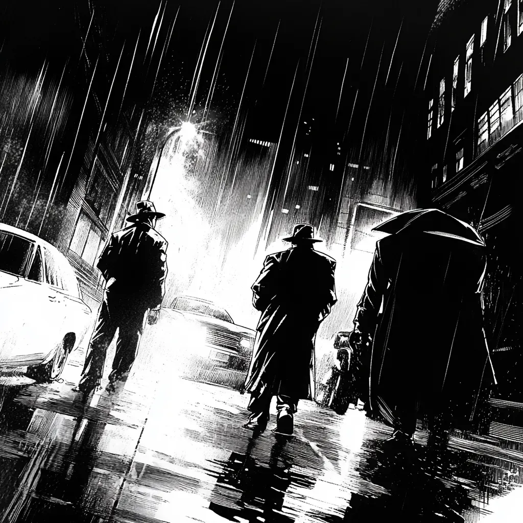 Noir comic art of a detective in a rainy cityscape - Image 2