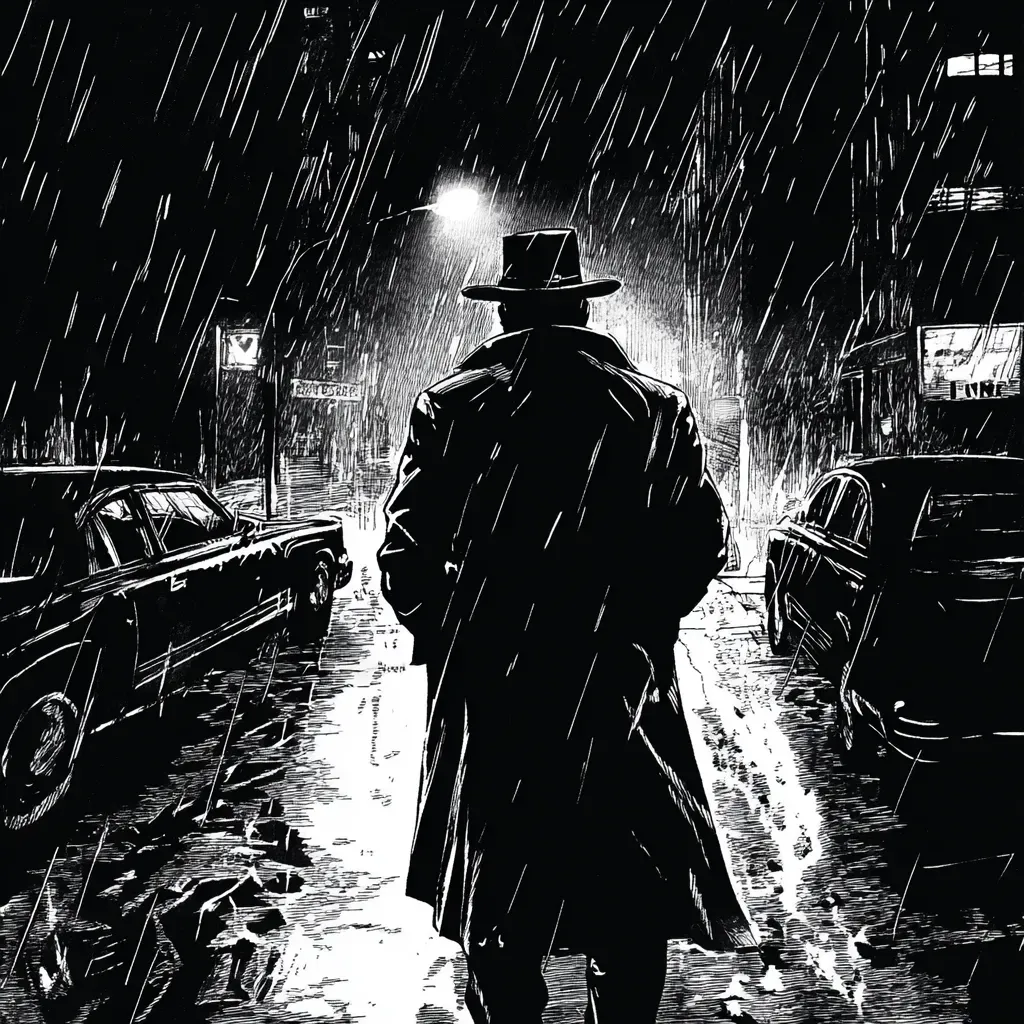 Noir comic art of a detective in a rainy cityscape - Image 3