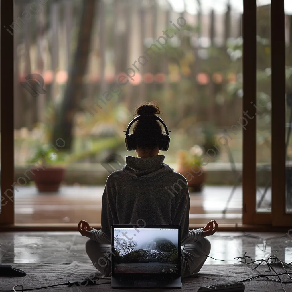 Person meditating while using headphones and a laptop. - Image 1