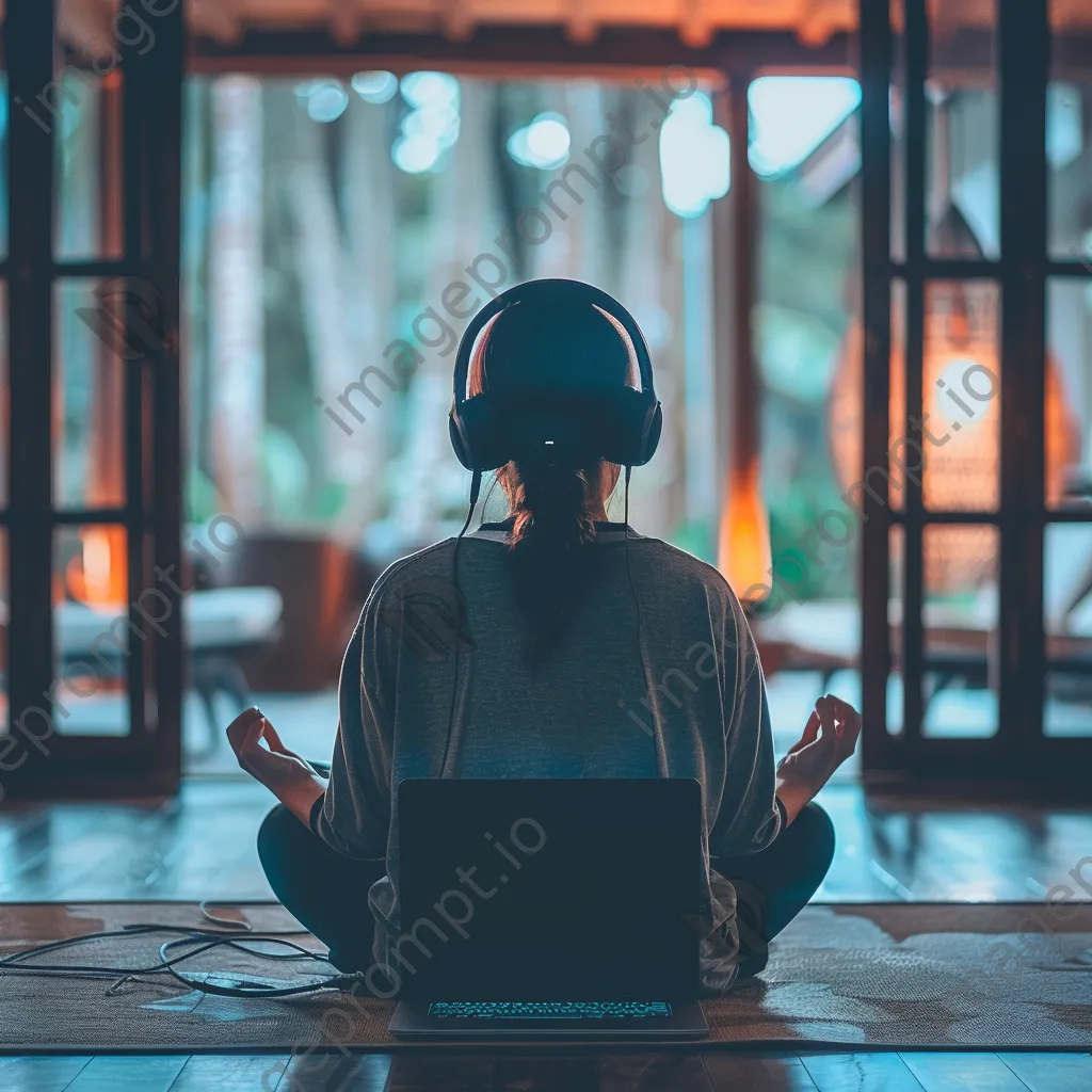 Person meditating while using headphones and a laptop. - Image 2