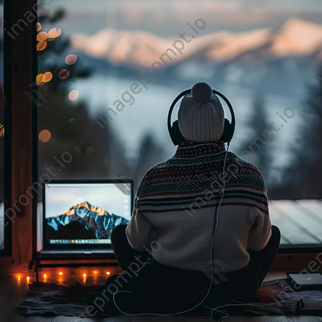 Person meditating while using headphones and a laptop. - Image 3