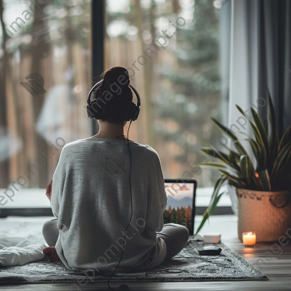 Person meditating while using headphones and a laptop. - Image 4