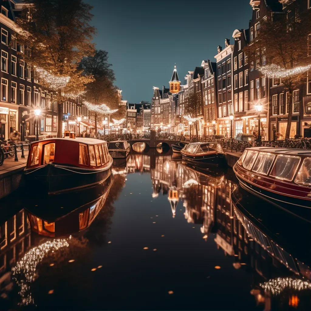 Scenic canal reflecting city lights and vintage architecture at night - Image 1