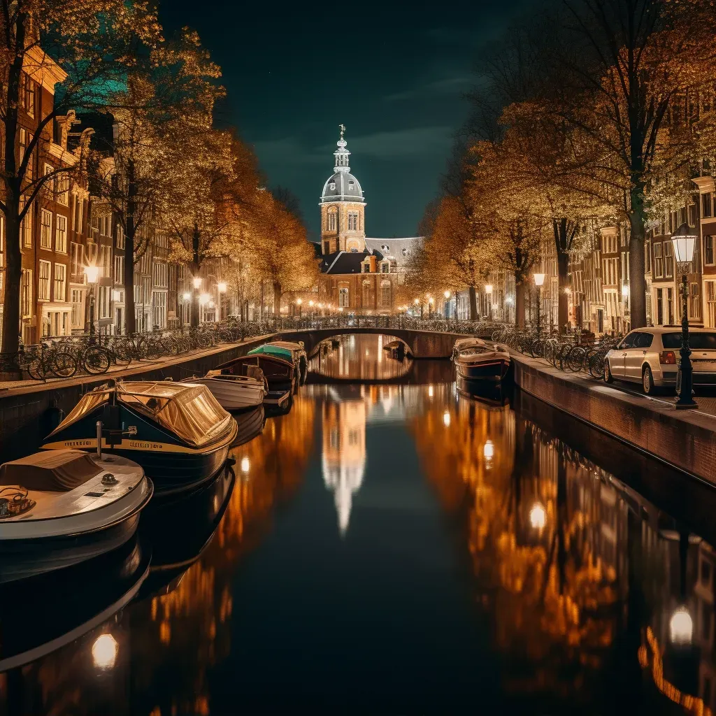 Scenic canal reflecting city lights and vintage architecture at night - Image 2