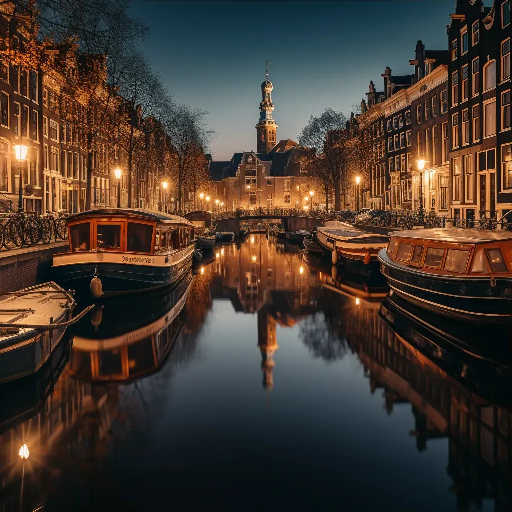 Scenic canal reflecting city lights and vintage architecture at night - Image 3