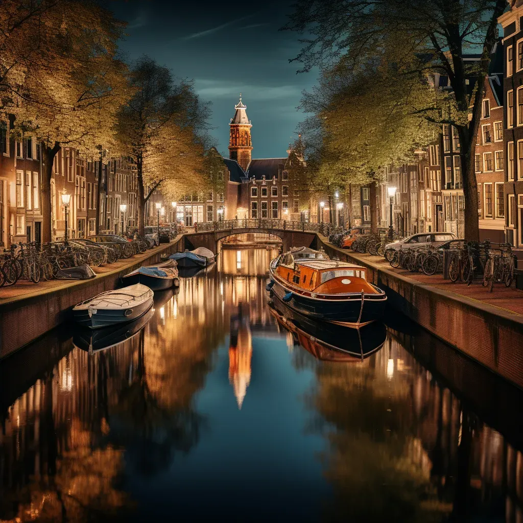 Scenic canal reflecting city lights and vintage architecture at night - Image 4