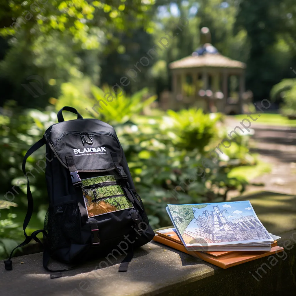 Backpack and travel map on a park bench surrounded by greenery - Image 1