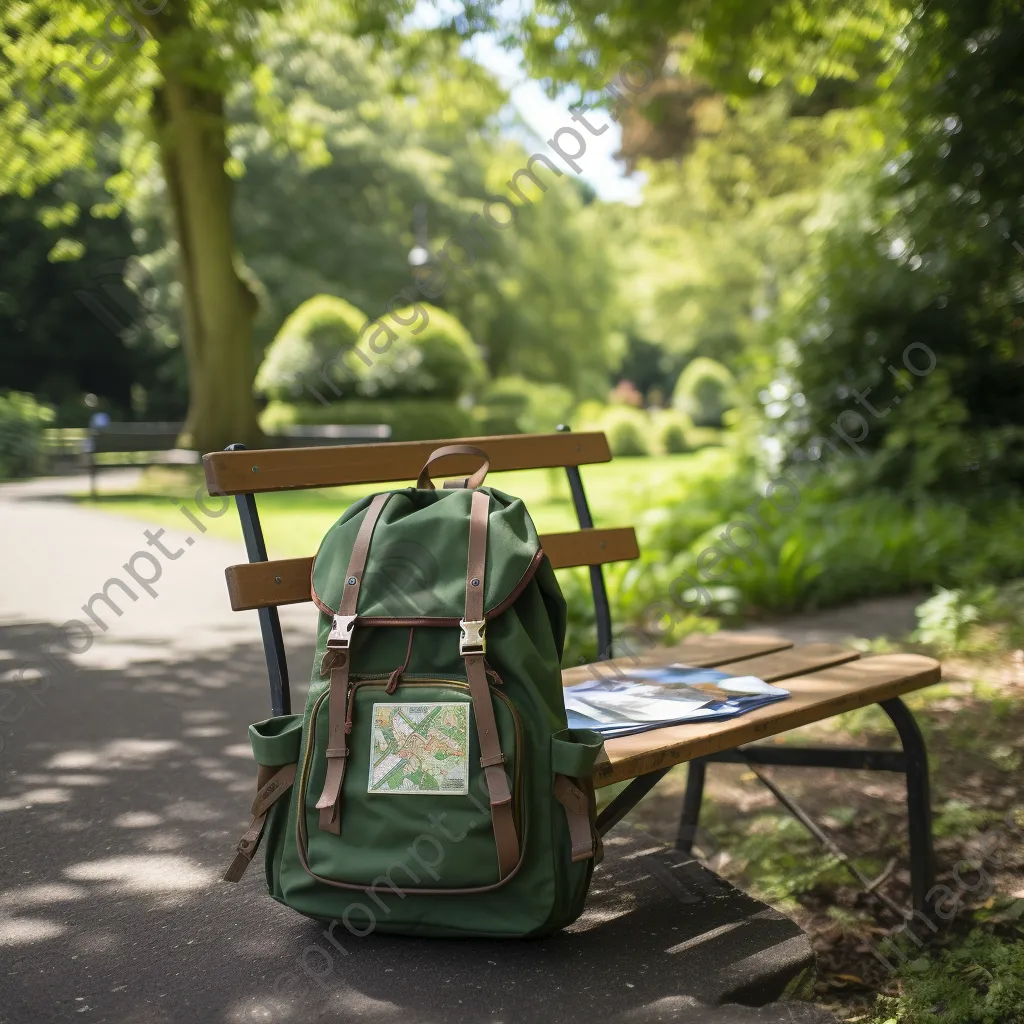 Backpack and travel map on a park bench surrounded by greenery - Image 2