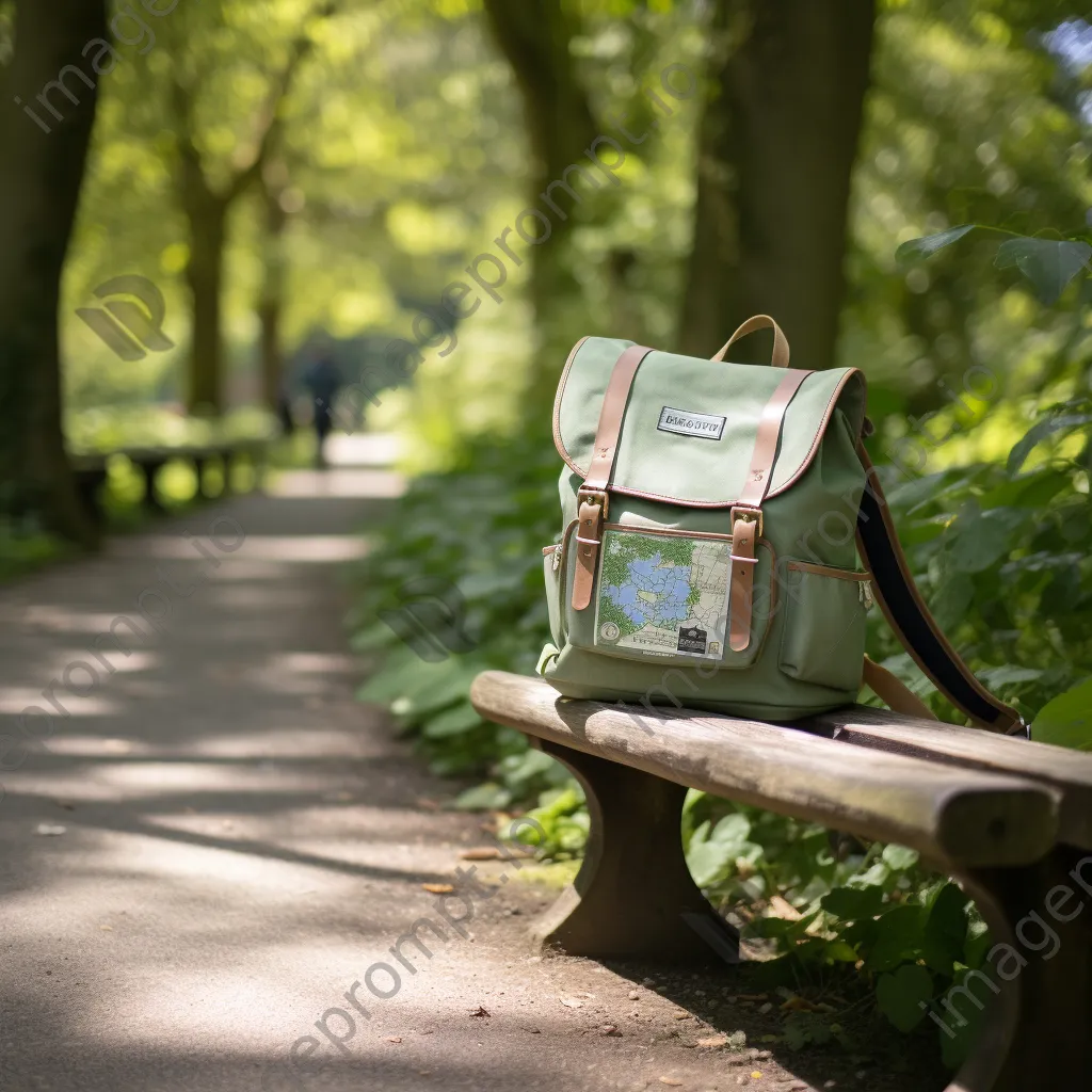 Backpack and travel map on a park bench surrounded by greenery - Image 4