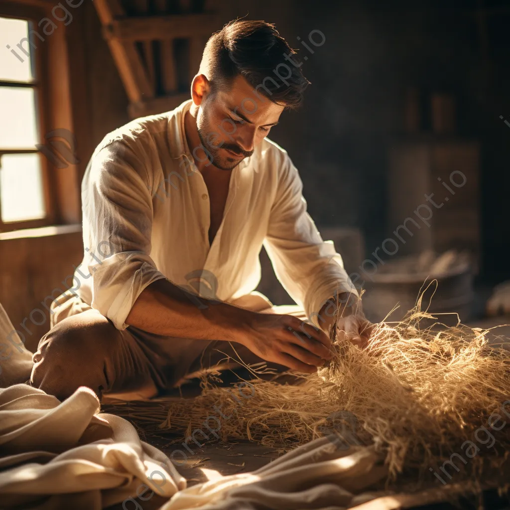 Artisan extracting fibers from flax plants in a sunlit workshop. - Image 1