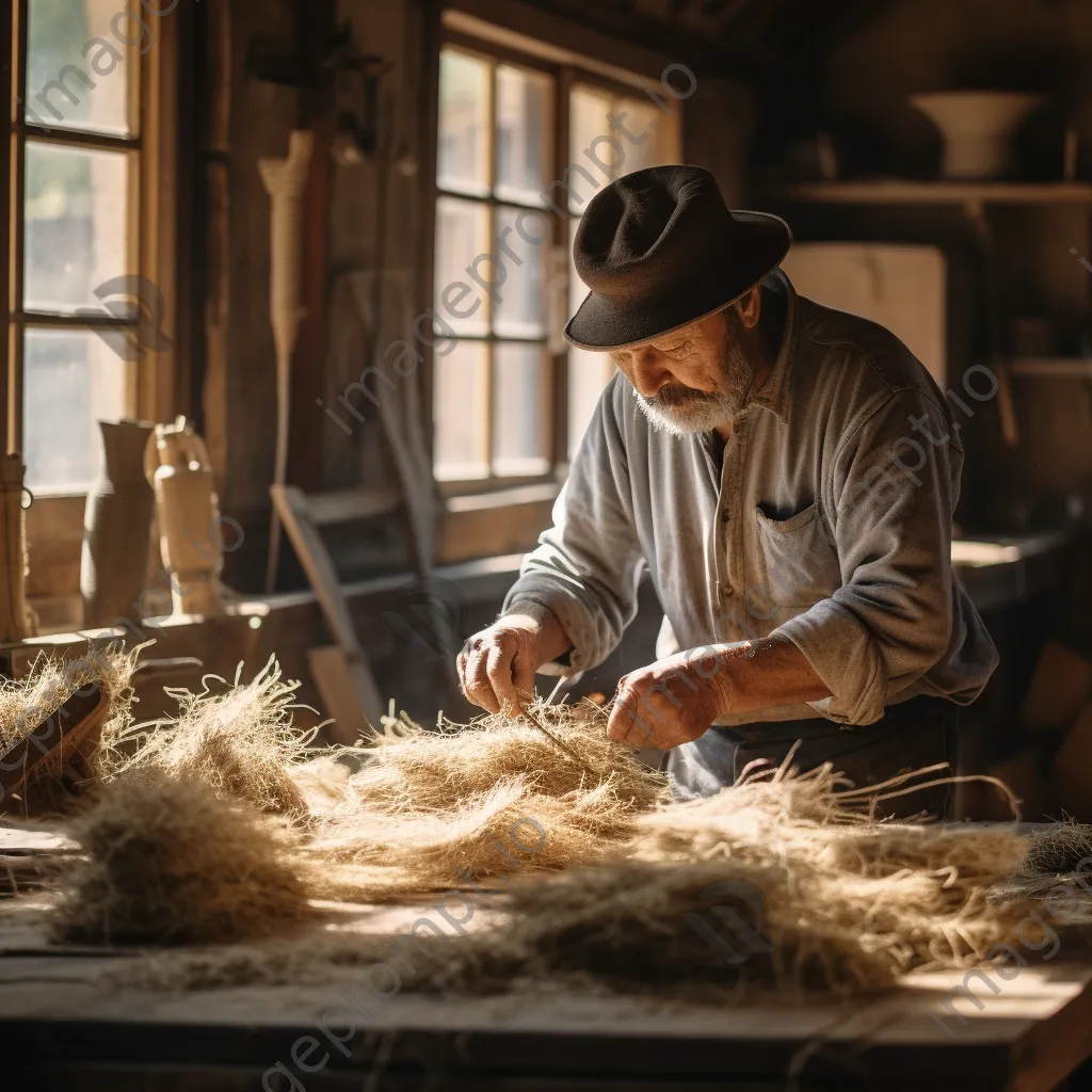 Artisan extracting fibers from flax plants in a sunlit workshop. - Image 2