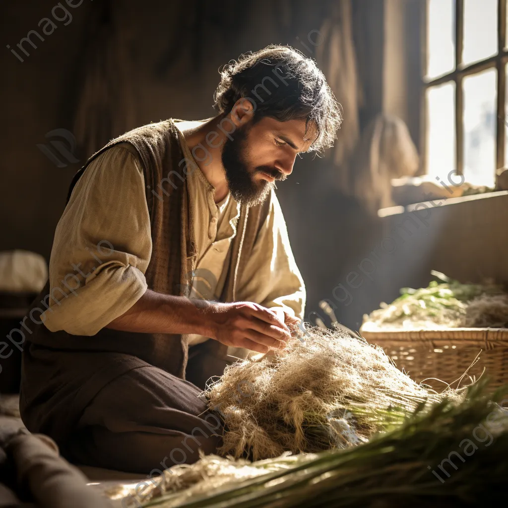 Artisan extracting fibers from flax plants in a sunlit workshop. - Image 3