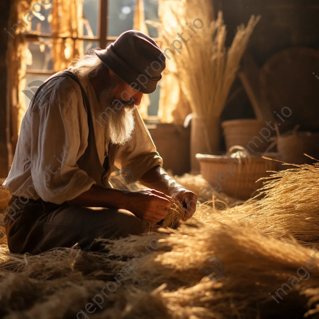 Artisan extracting fibers from flax plants in a sunlit workshop. - Image 4