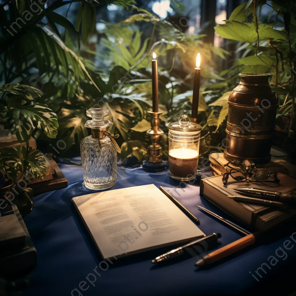 Stylish desk with elegant stationery and decorative plants in soft light - Image 1