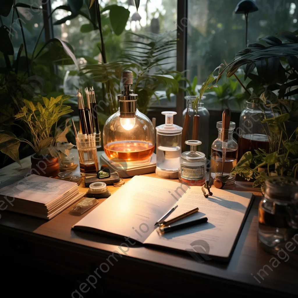 Stylish desk with elegant stationery and decorative plants in soft light - Image 2