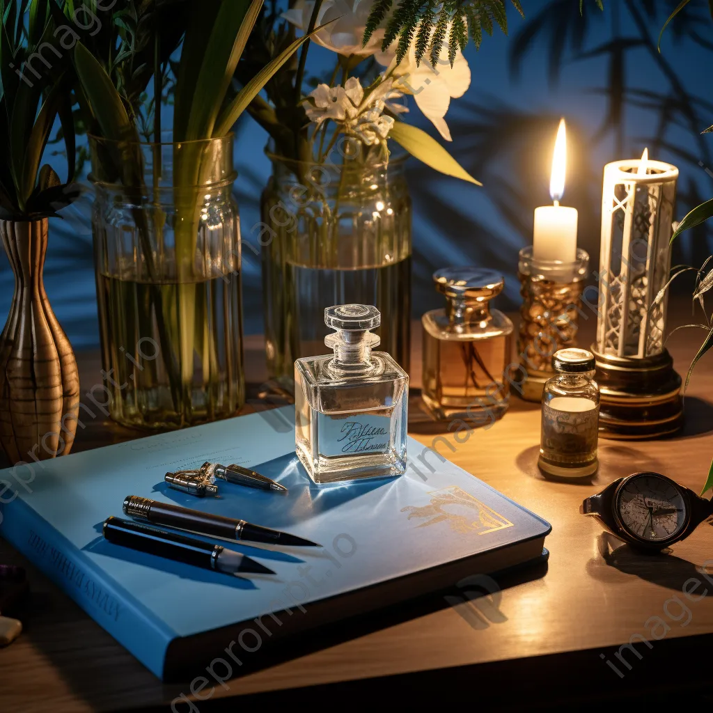 Stylish desk with elegant stationery and decorative plants in soft light - Image 4