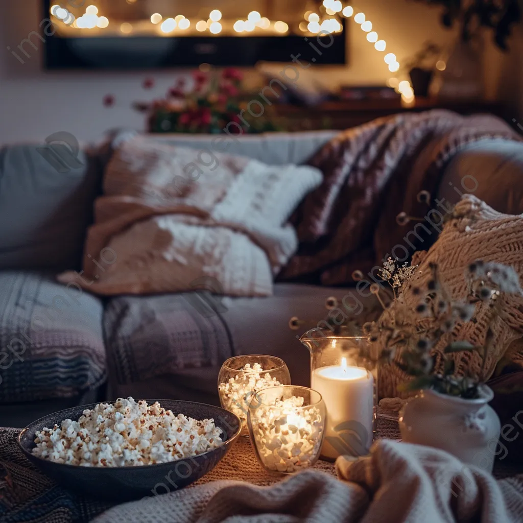 Family enjoying a cozy movie night with blankets and popcorn. - Image 1