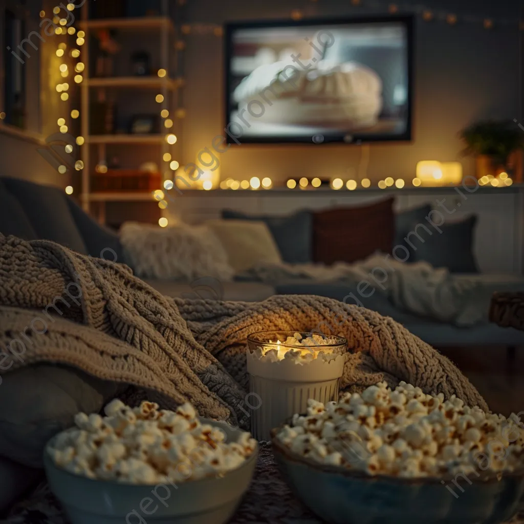 Family enjoying a cozy movie night with blankets and popcorn. - Image 2