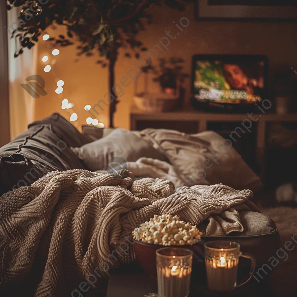 Family enjoying a cozy movie night with blankets and popcorn. - Image 4