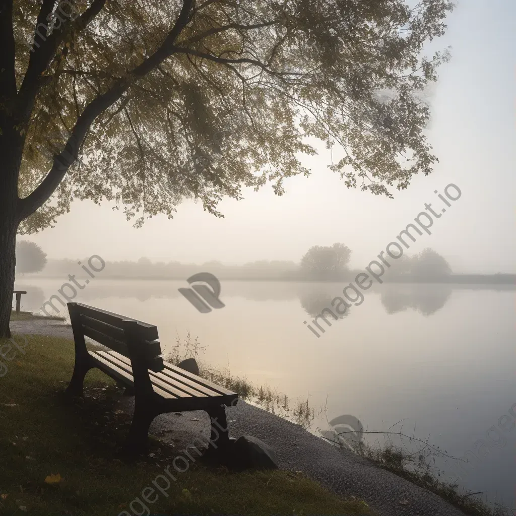 Empty park bench overlooking a serene lake - Image 1