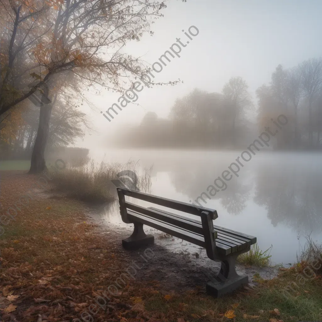 Empty park bench overlooking a serene lake - Image 2