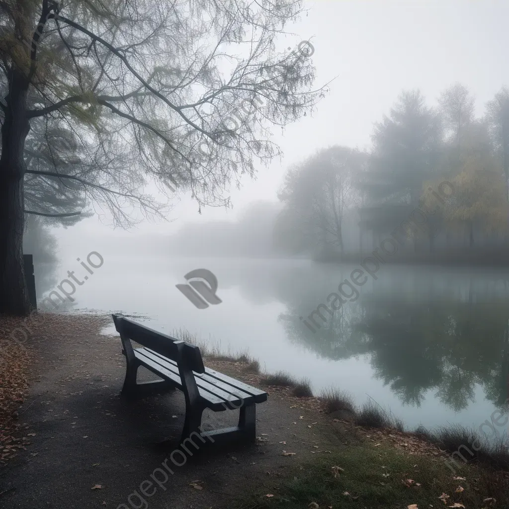 Empty park bench overlooking a serene lake - Image 3