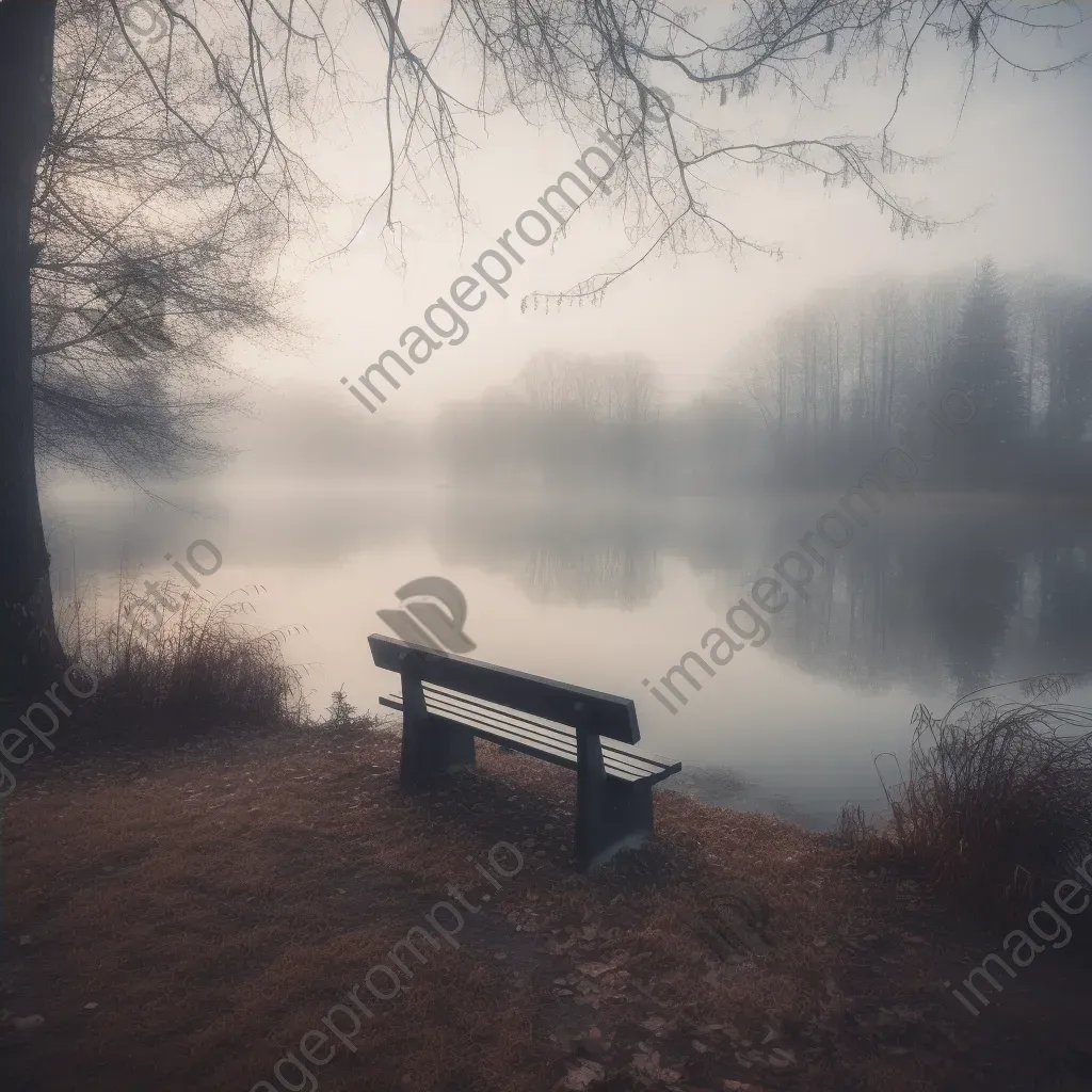 Empty park bench overlooking a serene lake - Image 4