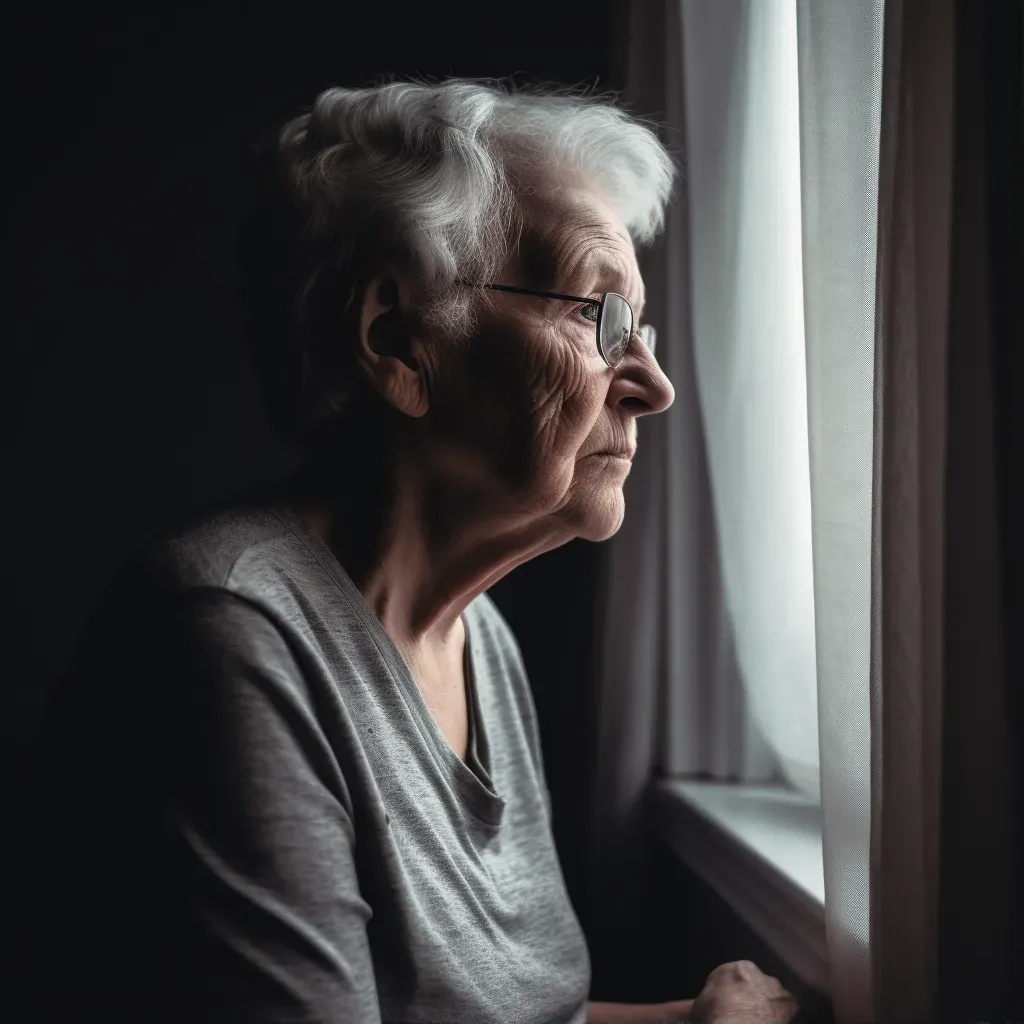 Elderly person looking out window with sad expression depicting social isolation - Image 1