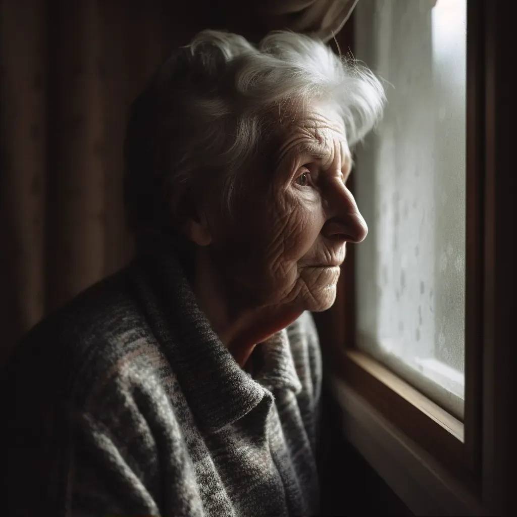 Elderly person looking out window with sad expression depicting social isolation - Image 2