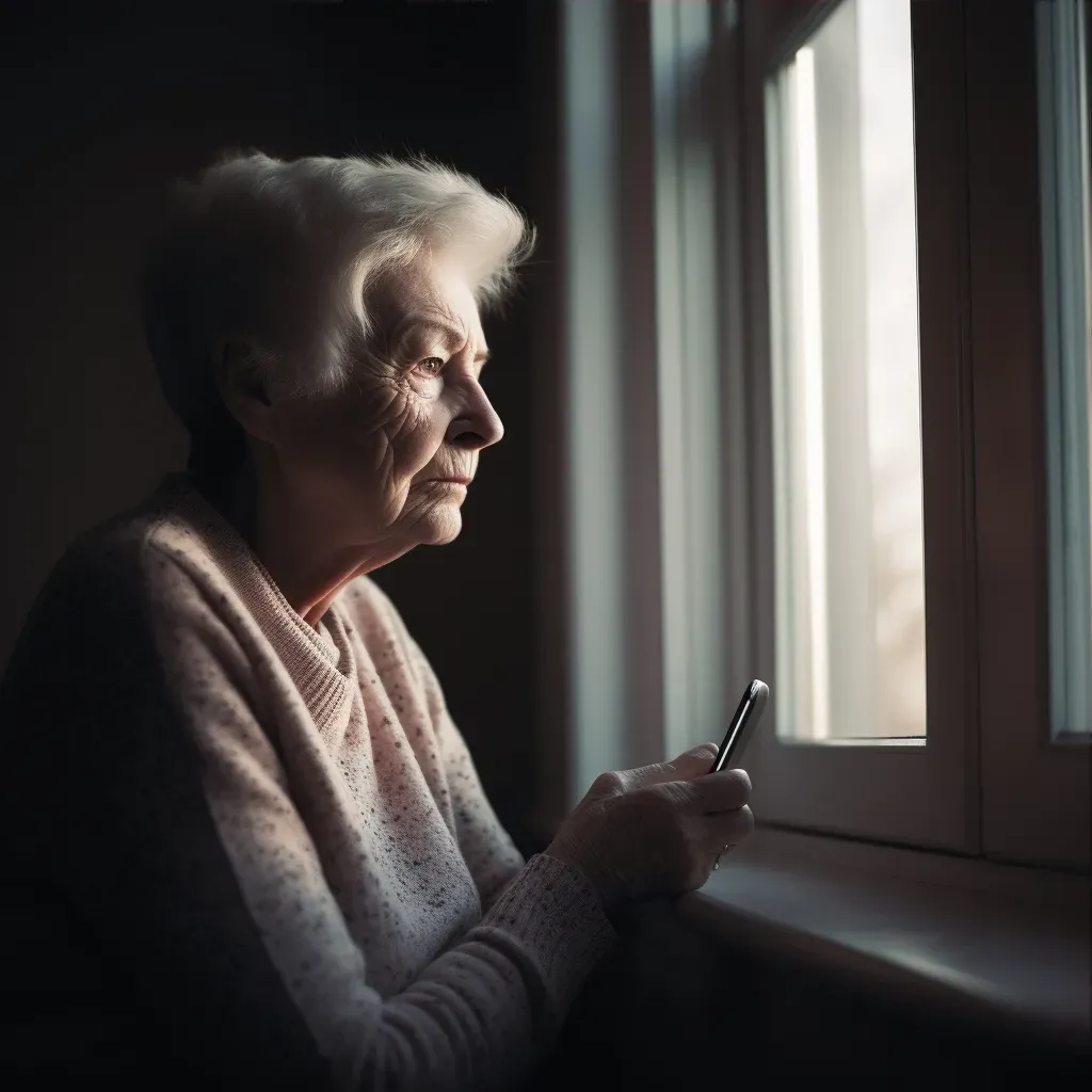 Elderly person looking out window with sad expression depicting social isolation - Image 3