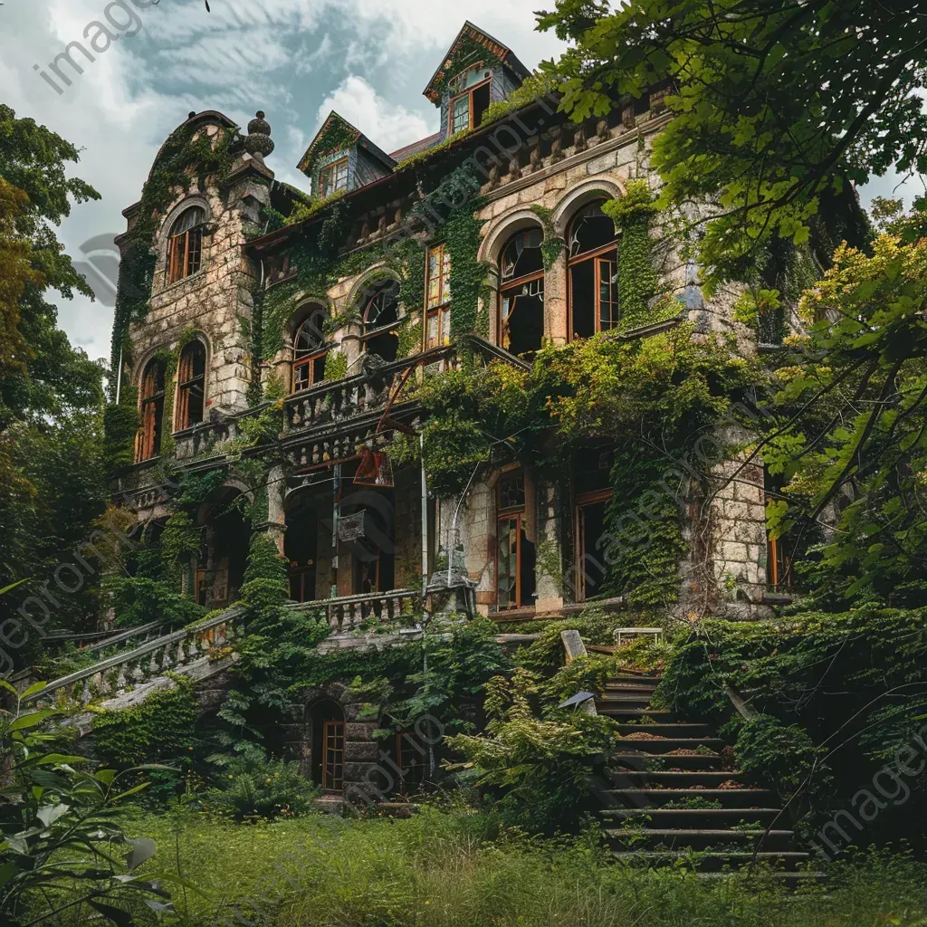 Old abandoned mansion covered in ivy vines, broken windows and overgrown garden - Image 1