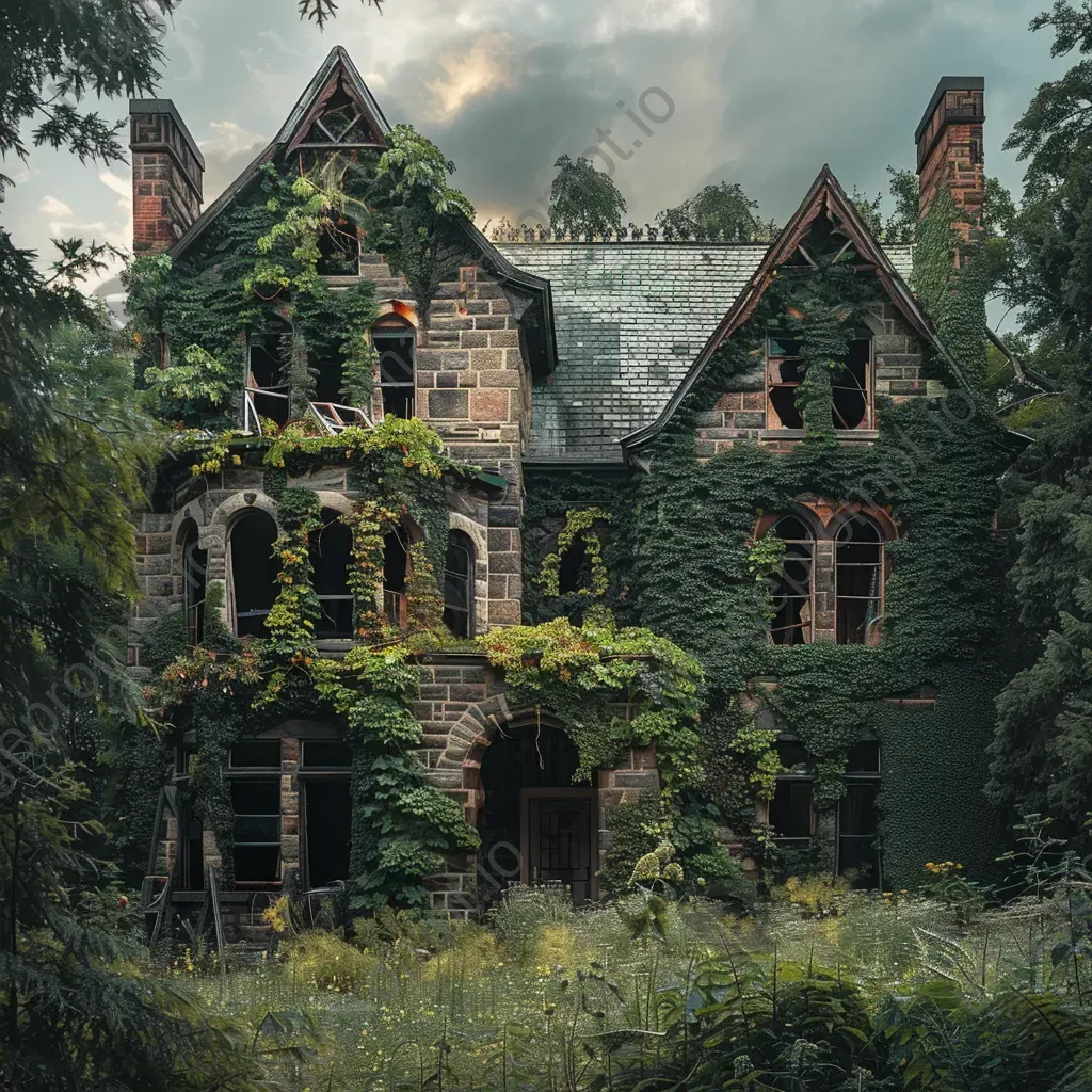 Old abandoned mansion covered in ivy vines, broken windows and overgrown garden - Image 2