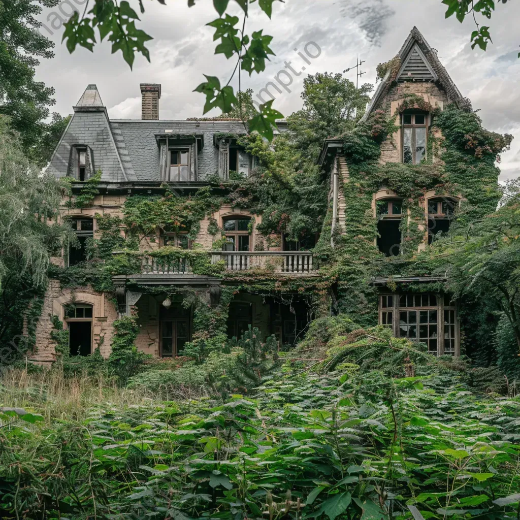 Old abandoned mansion covered in ivy vines, broken windows and overgrown garden - Image 3