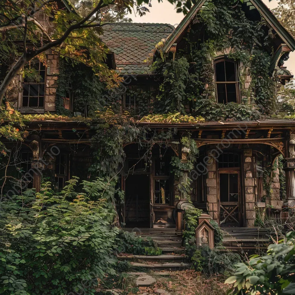 Old abandoned mansion covered in ivy vines, broken windows and overgrown garden - Image 4