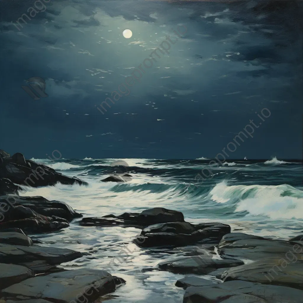 Seascape under moonlight with foamy sea waves hitting a rocky shore - Image 1