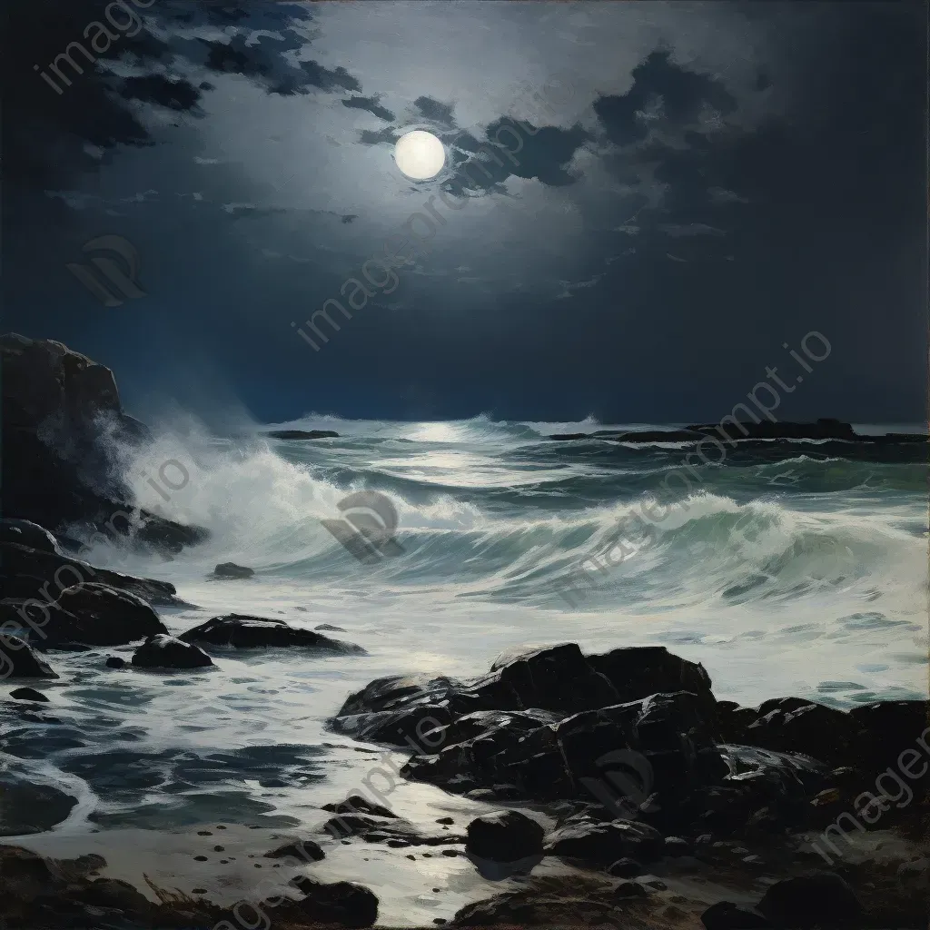 Seascape under moonlight with foamy sea waves hitting a rocky shore - Image 2