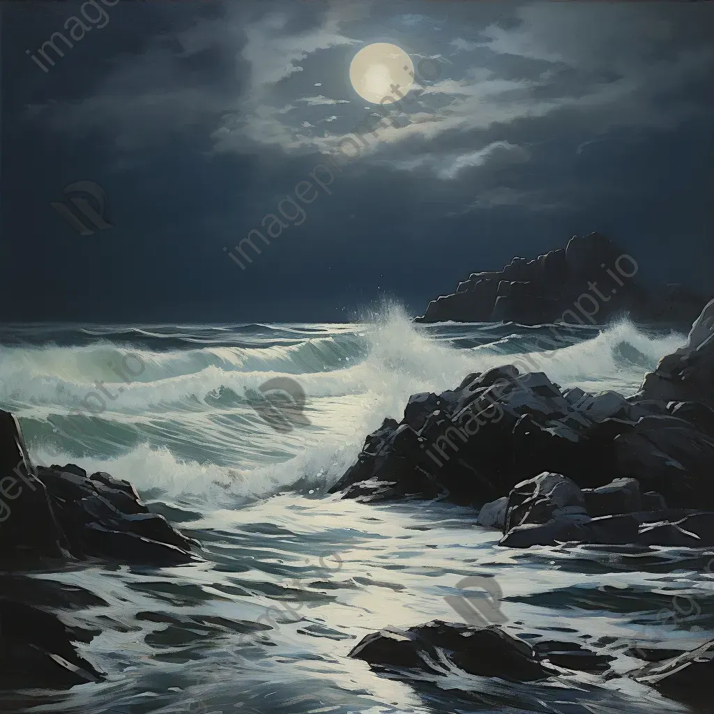 Seascape under moonlight with foamy sea waves hitting a rocky shore - Image 4