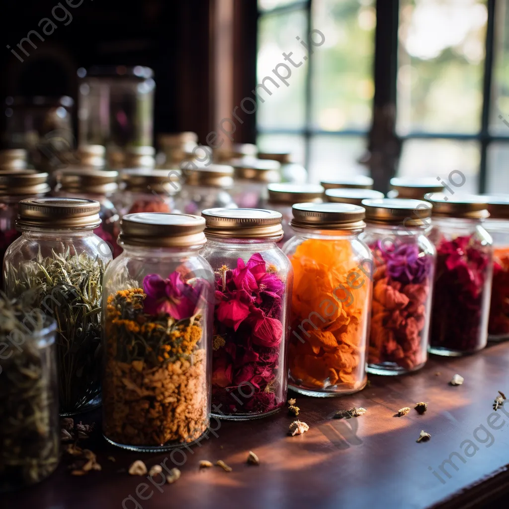 Display of different tea types in glass jars with flowers - Image 1