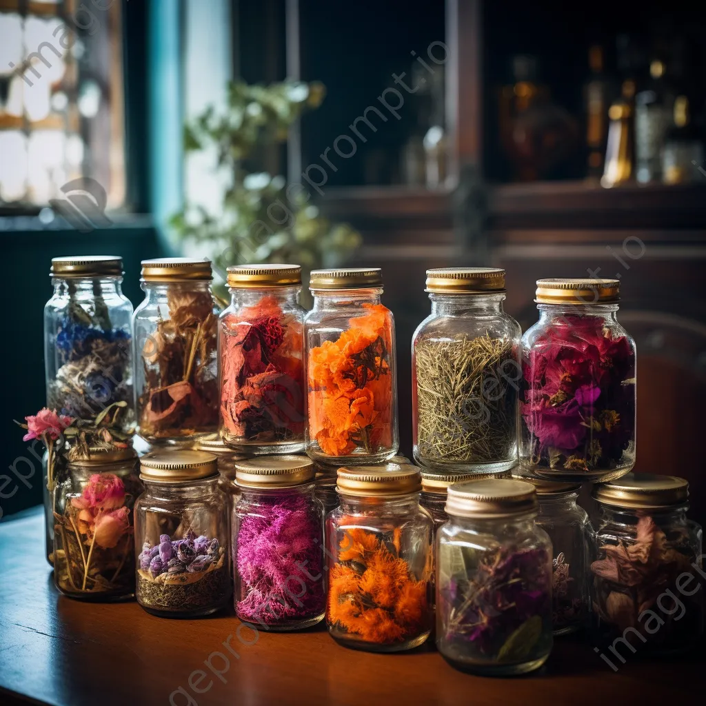 Display of different tea types in glass jars with flowers - Image 3