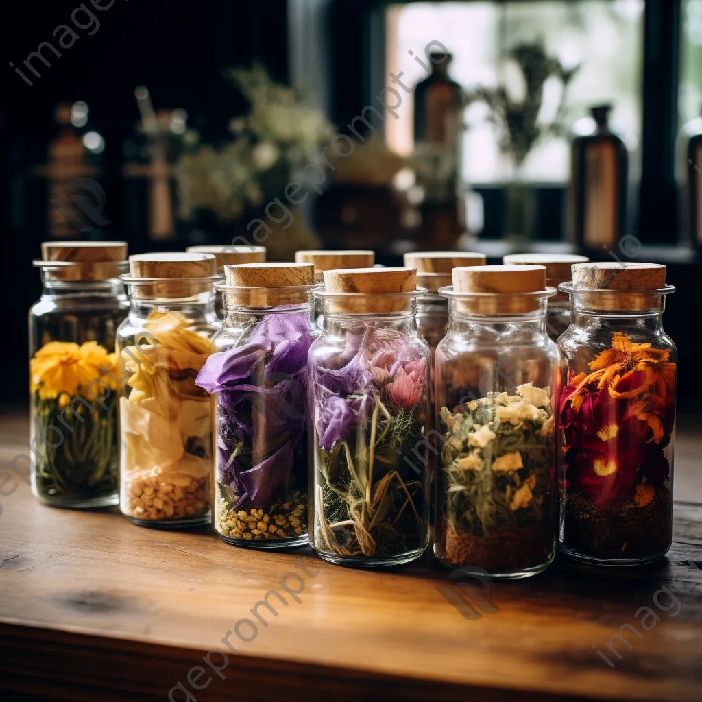 Display of different tea types in glass jars with flowers - Image 4