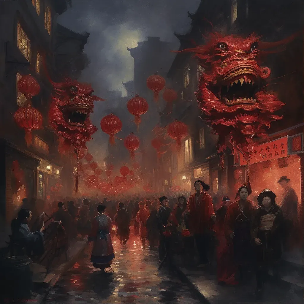 Image of a festive Chinese New Year parade with dragon dancers and red lanterns - Image 1