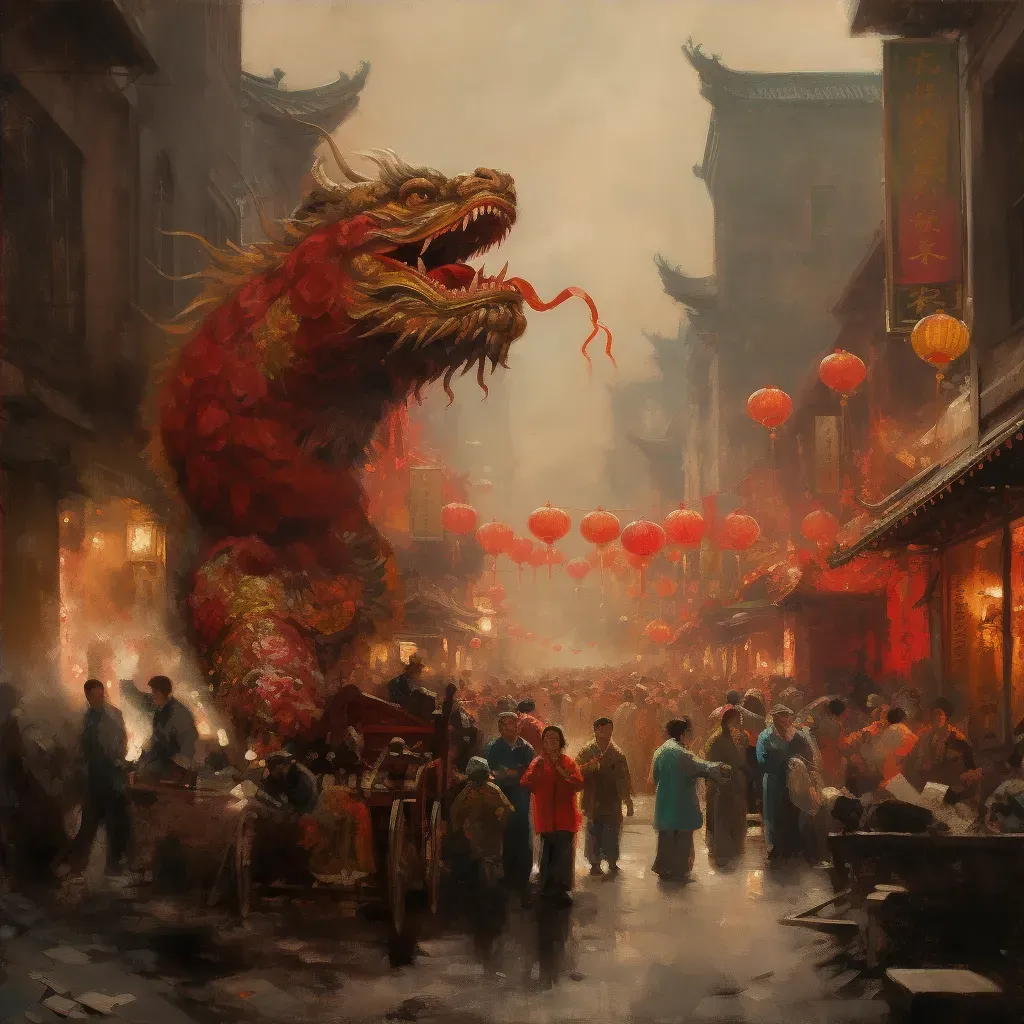 Image of a festive Chinese New Year parade with dragon dancers and red lanterns - Image 4