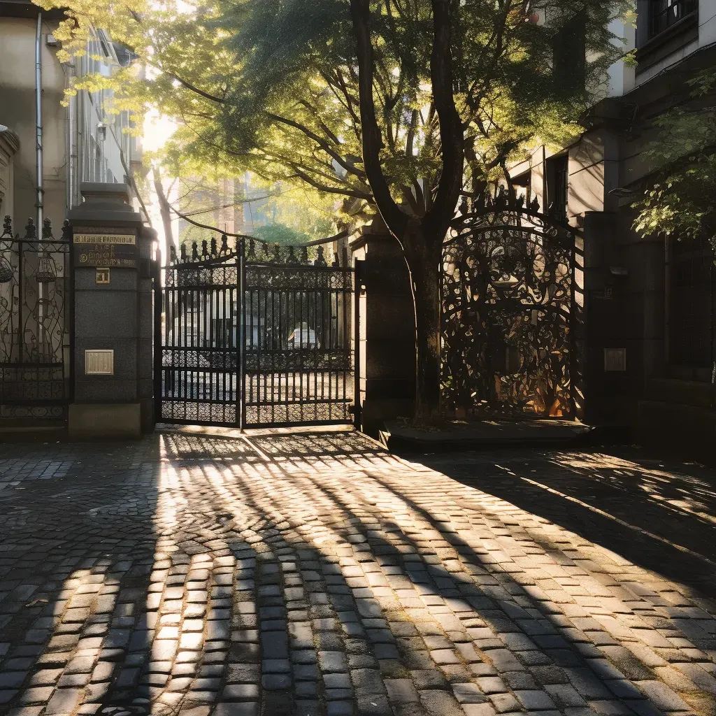 Sunlit Street and Wrought Iron Gate