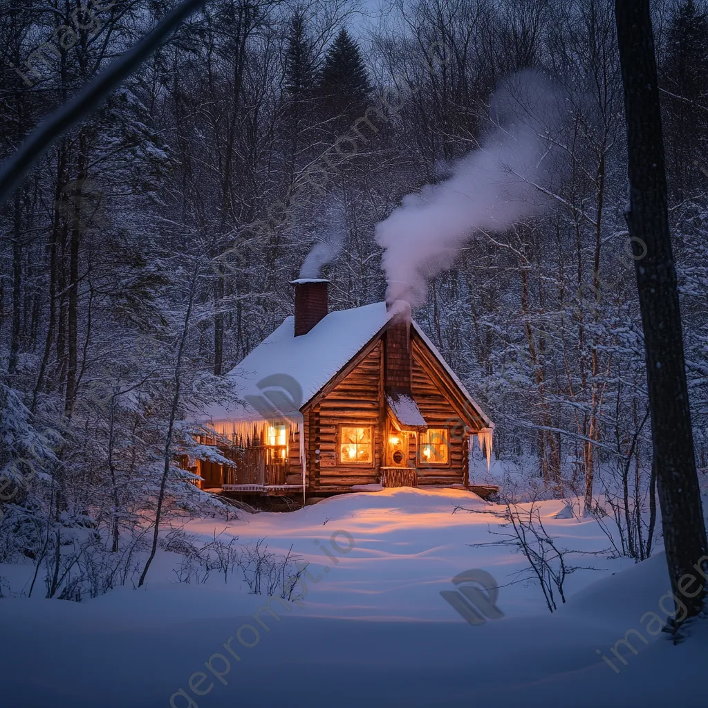 Snow-covered cabin in the woods at dusk - Image 1