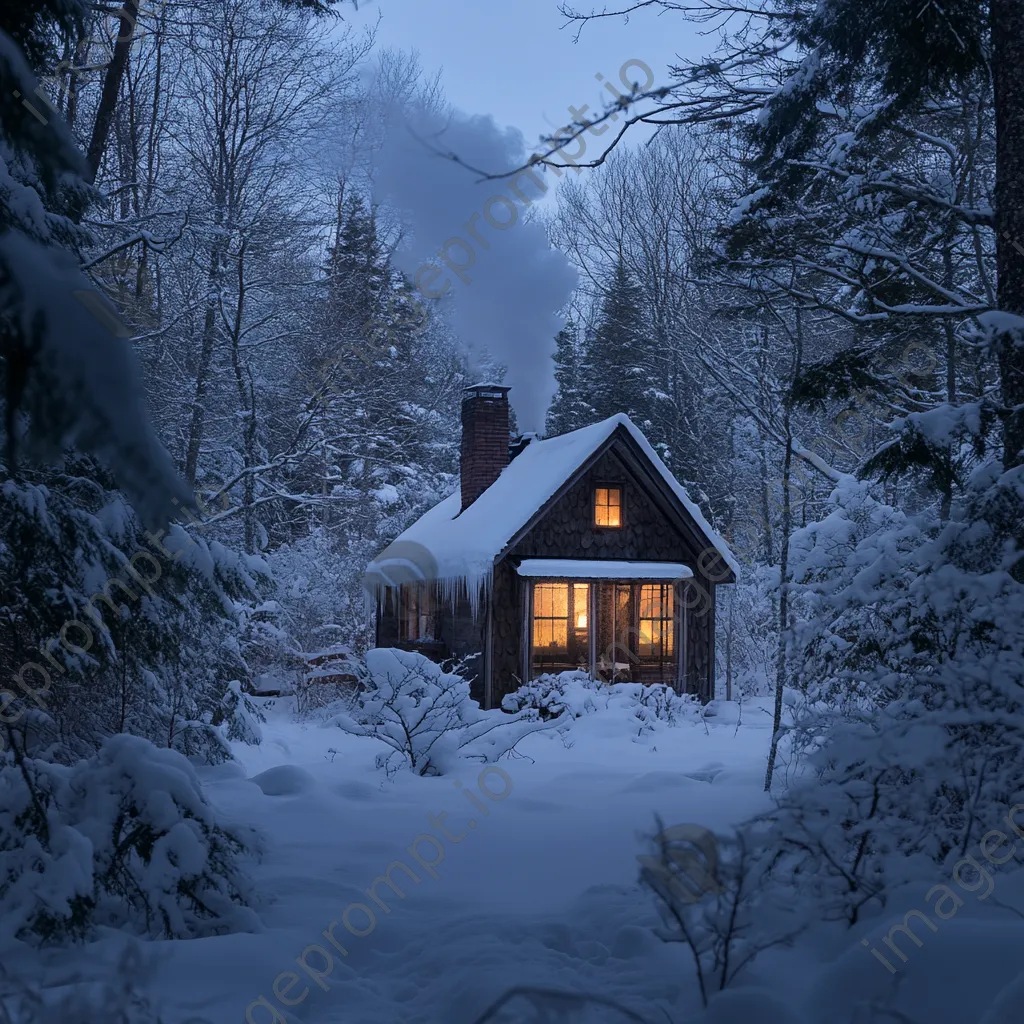 Snow-covered cabin in the woods at dusk - Image 2